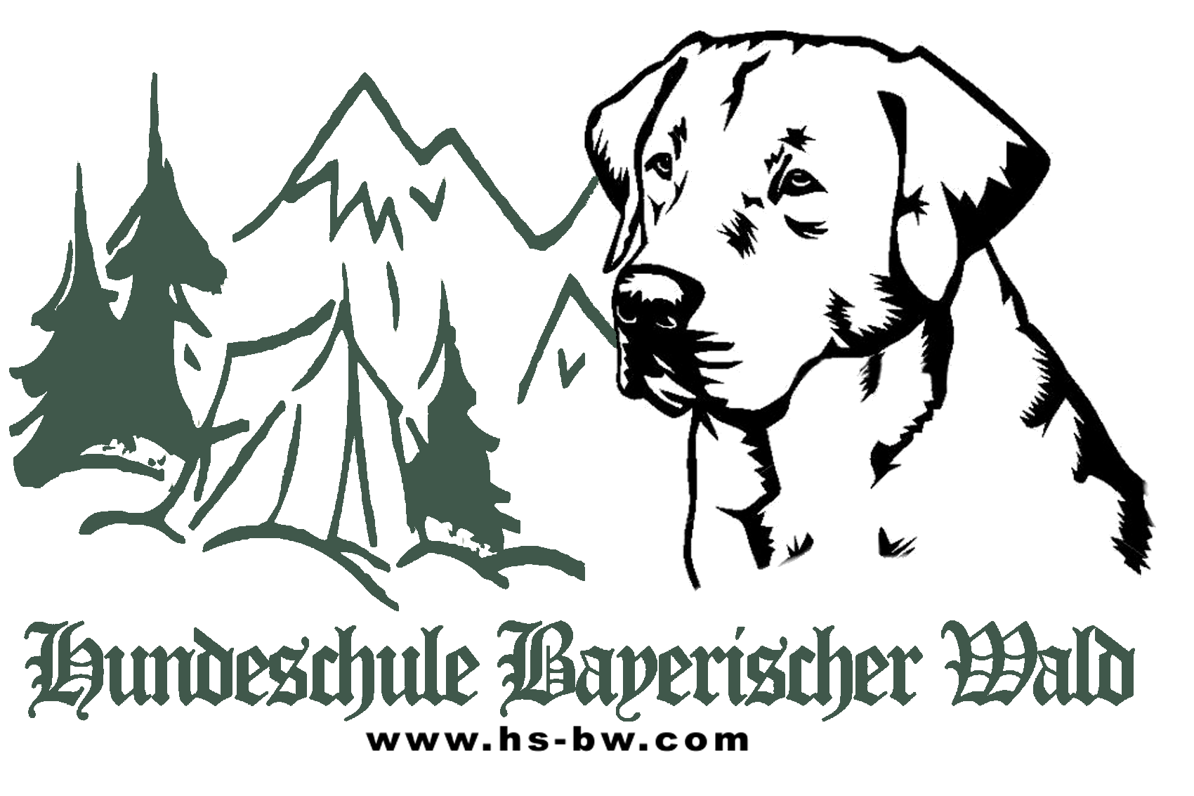 Logo der Hundeschule Bayerischer Wald mit Hund und Waldmotiv